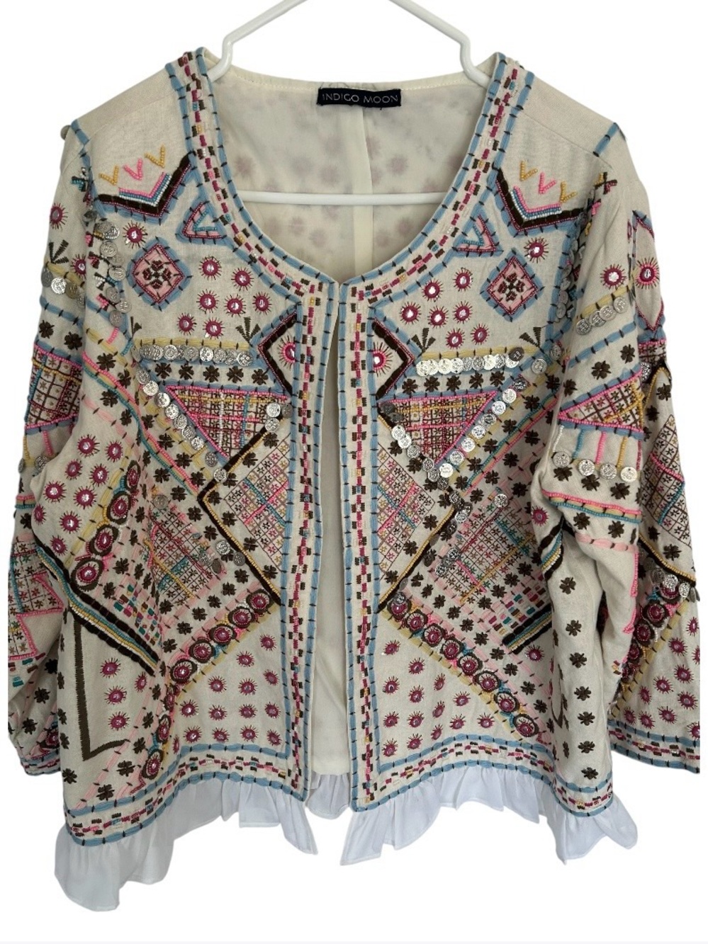 Indigo Moon Boho Embellished
Embroidered Beaded Ruffle Hem Jacket. Size L